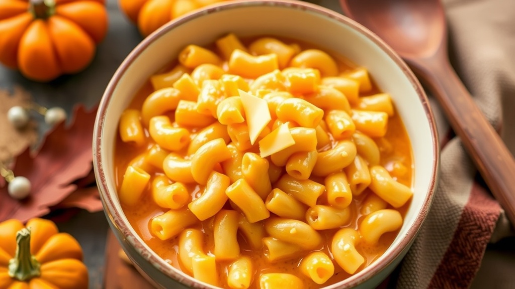 Creamy Pumpkin Mac and Cheese Recipe Creamy Pumpkin Mac and Cheese in a bowl, garnished with cheese, surrounded by autumn-themed decorations.